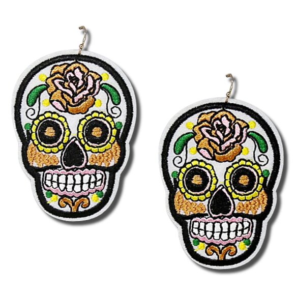 Hand Embroidered Halloween Sugar Skull Day of the Dead NOLA Statement Earrings - Picture 4 of 7